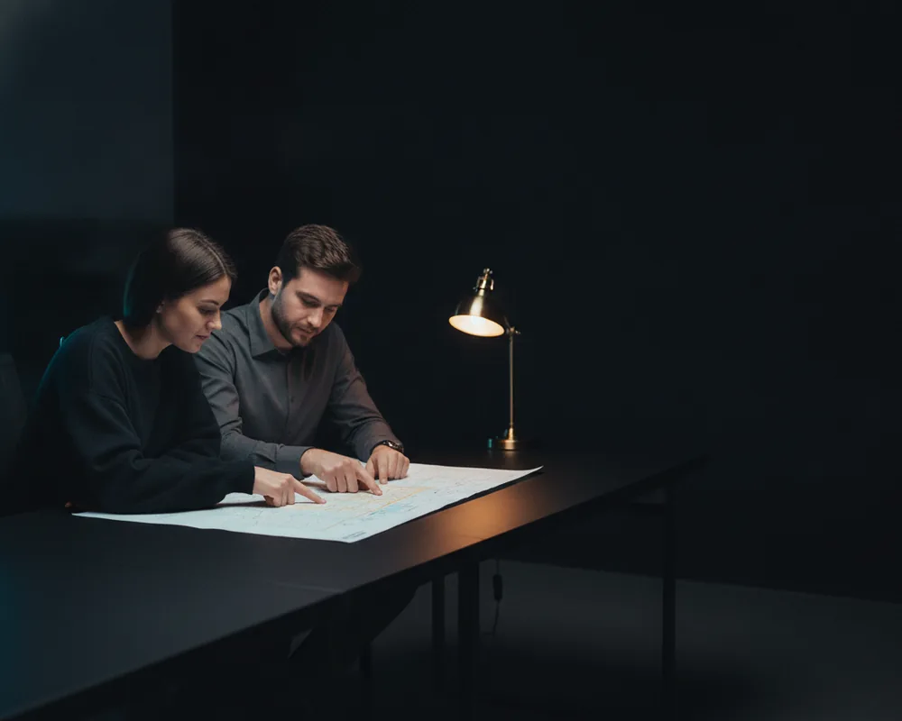 An engineer and a marketer reading one printed roadmap together at a dark studio table.