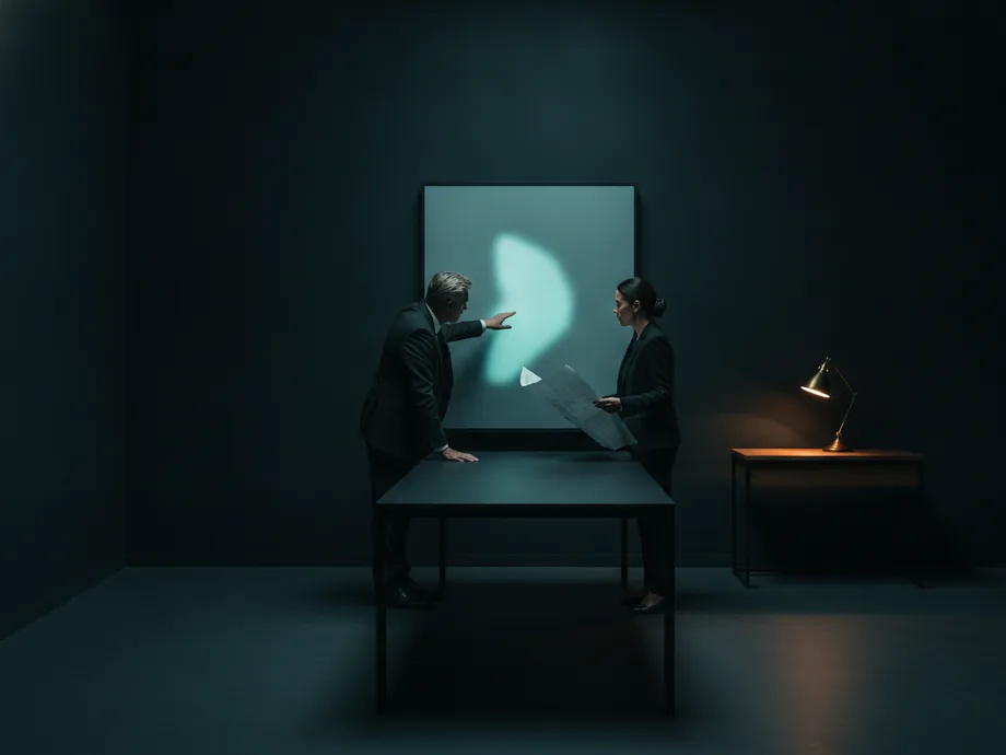 Two engineers at a dark studio table reviewing a model's output on a large wall panel, one holding a printed diagram.