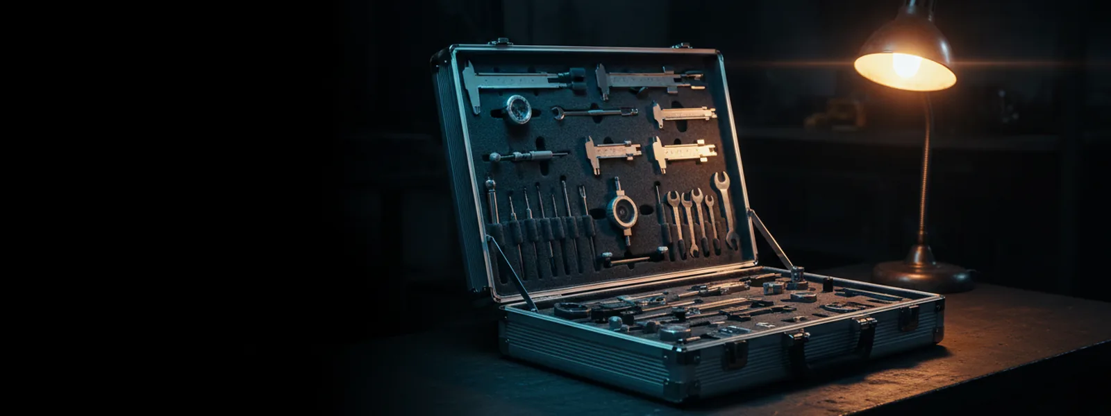 An open fitted tool case on a dark workbench, every precision instrument seated in its own cut foam recess.