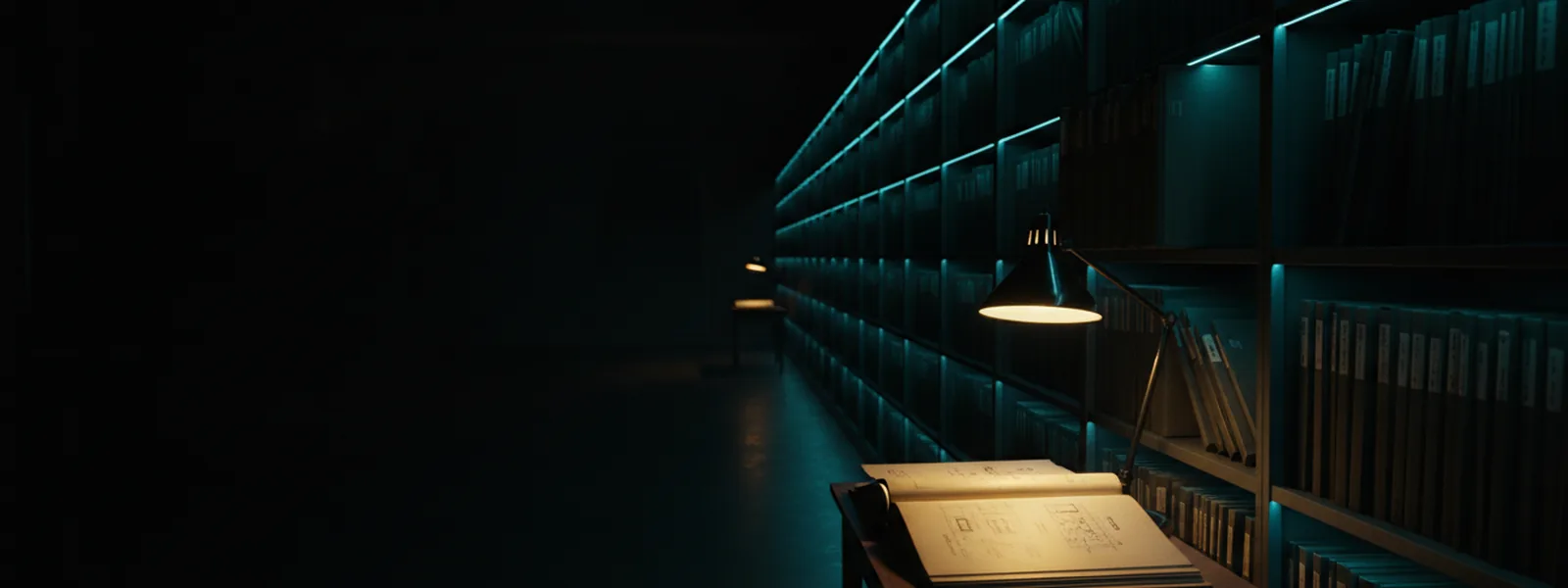 A long shelf of bound evidence folders in a dark records room with one folder pulled out and lying open under a lamp.