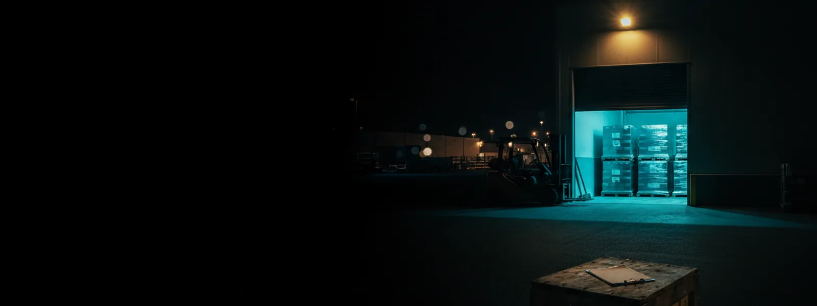 A freight loading bay at night, its shutter half open on wrapped pallets with a forklift silhouetted beside it.