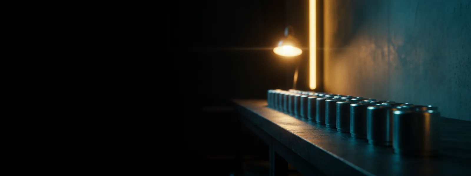 A row of identical machined metal parts laid along a dark workshop bench under a thin ascending band of light.