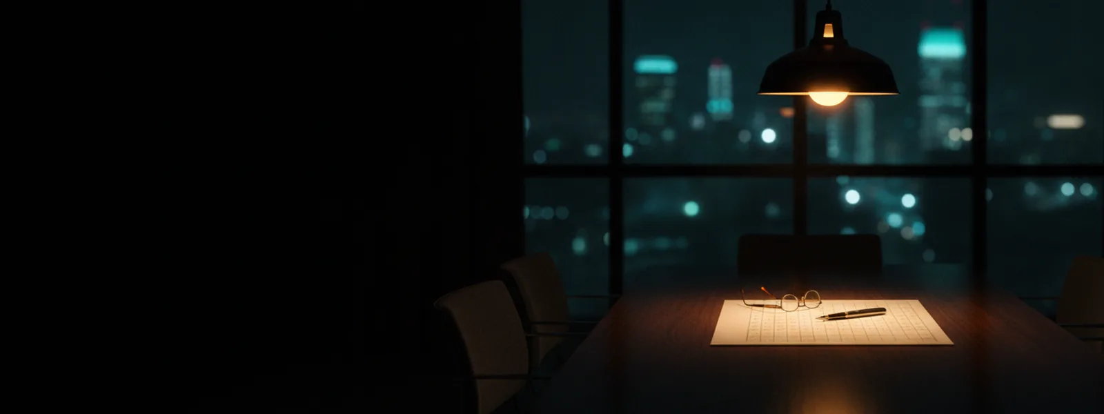 A dark boardroom table under one pendant lamp with a printed grid of blank ranked cells, a pen and reading glasses on it.