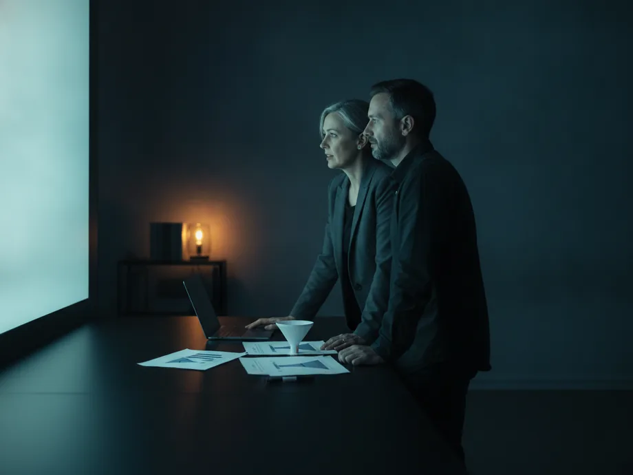 Two analysts standing at a dark desk at night, reading a funnel review off a large wall display beside printed diagrams.
