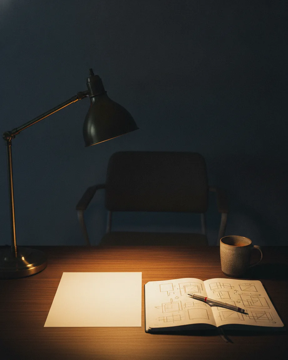 A brass desk lamp lighting a blank sheet of paper and an open sketchbook of pencilled layout frames on a dark walnut desk, an empty chair behind it.