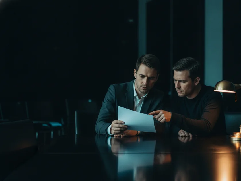 Two colleagues reading the same printed brief together at a dark meeting table.