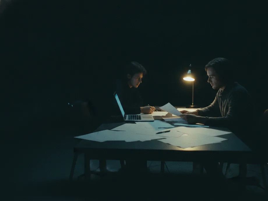 Two writers reviewing printed drafts across a dark table at night, a laptop edge-lit behind them.
