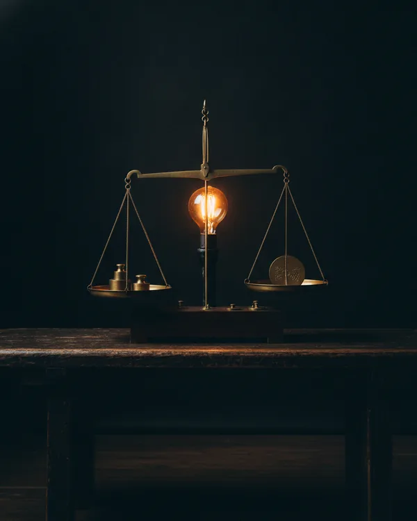Brass balance scales near equilibrium on a dark bench, small weights stacked in one pan.