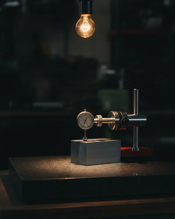 A dial test indicator on a magnetic stand touching a machined metal block on a dark surface plate.