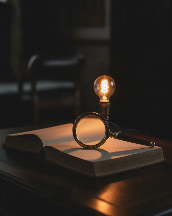 A brass magnifying glass resting on the blank open pages of a thick book beside a warm filament lamp.