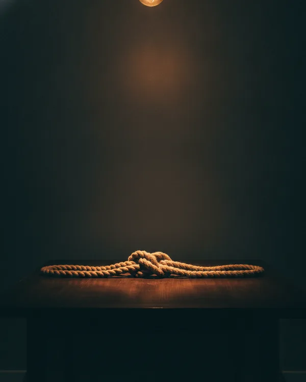 Two thick ropes spliced into one continuous braid across a dark bench.