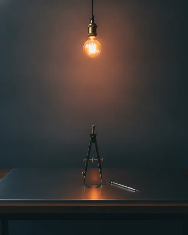 Brass drawing dividers and a steel scribe resting on a clean blank metal sheet on a dark bench.