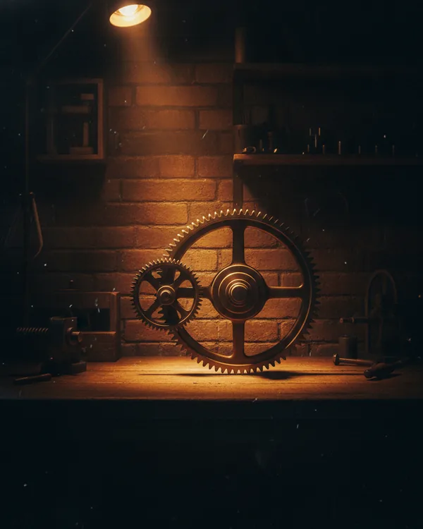 A small brass cog meshed into a much larger toothed wheel on a dark bench.
