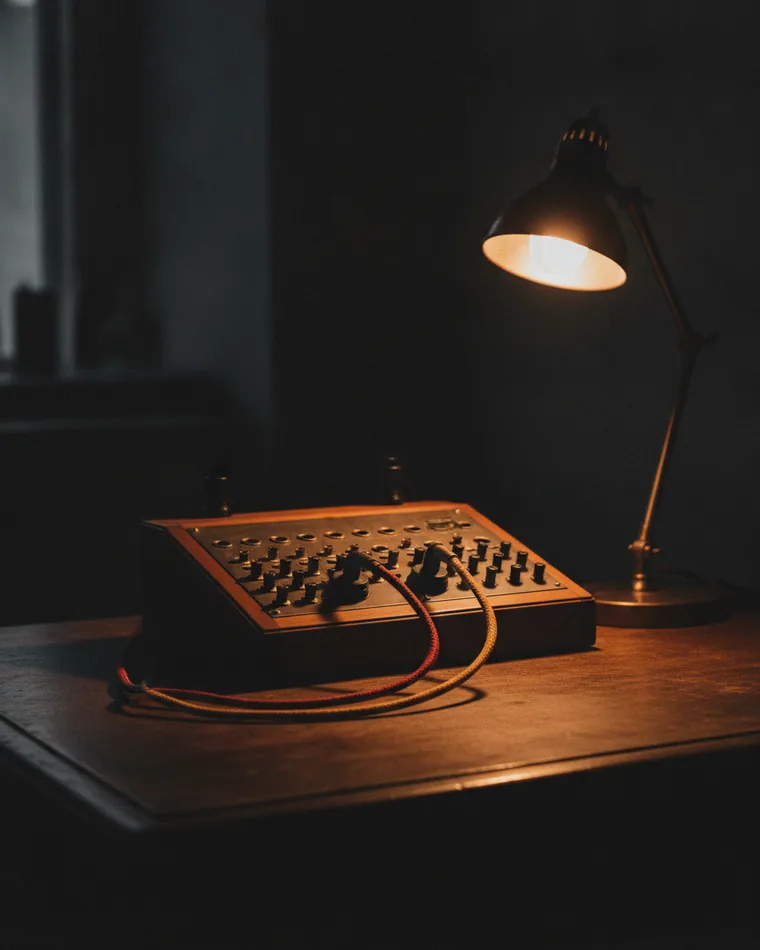 An old patch-panel switchboard on a dark desk with two cables seated and the rest of the sockets empty.