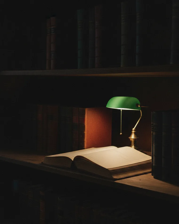 A row of bound ledgers on a dark shelf with one pulled forward and lying open under a reading lamp.