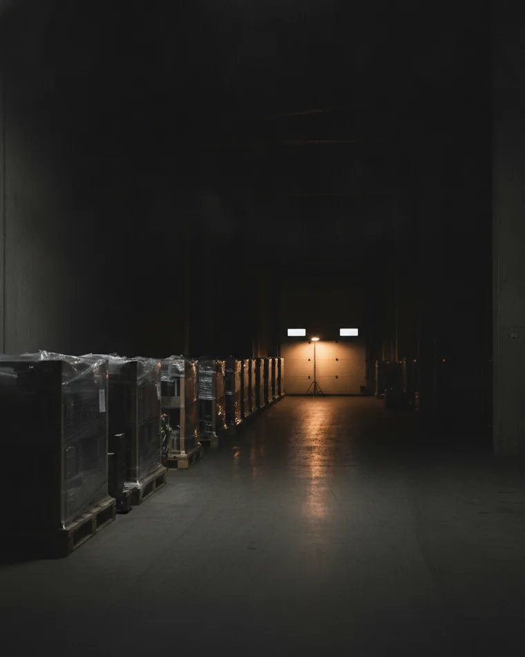 Wrapped pallets receding down a dark warehouse aisle with one bay lit by a work lamp.