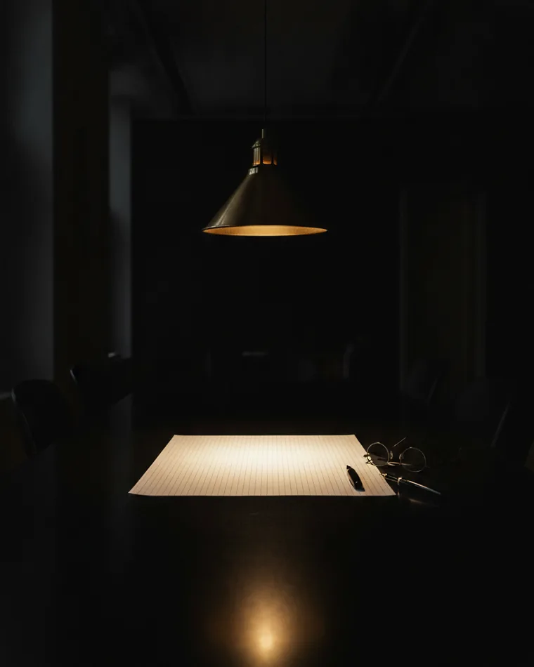 A dark boardroom table under one pendant lamp with a blank ruled grid sheet, a pen and reading glasses.