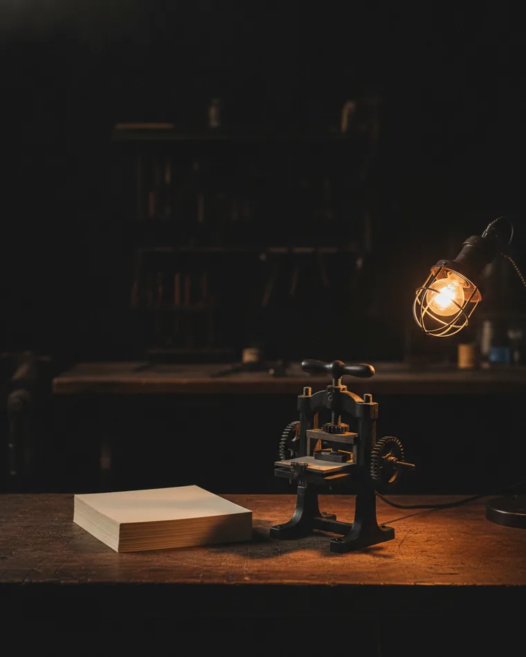 A hand printing press on a dark bench with a set of pressed sheets stacked flat beside it.
