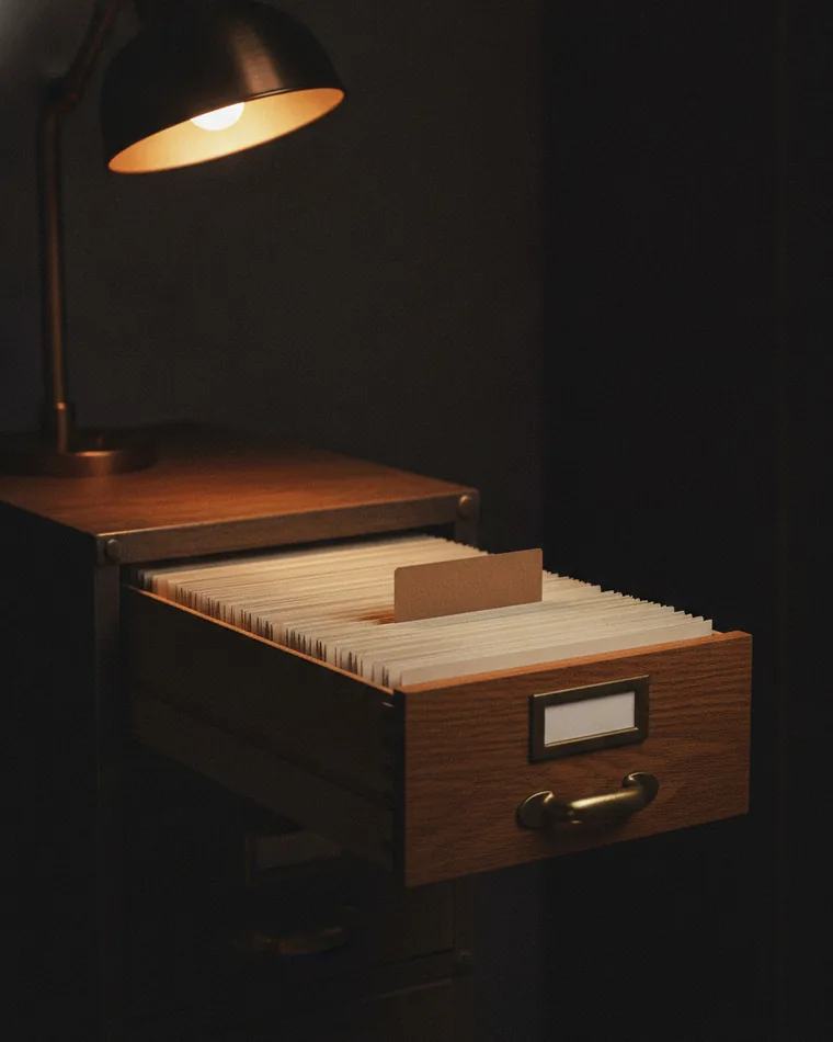 A long card-index drawer pulled from a dark cabinet, blank cards standing upright with one tab raised.