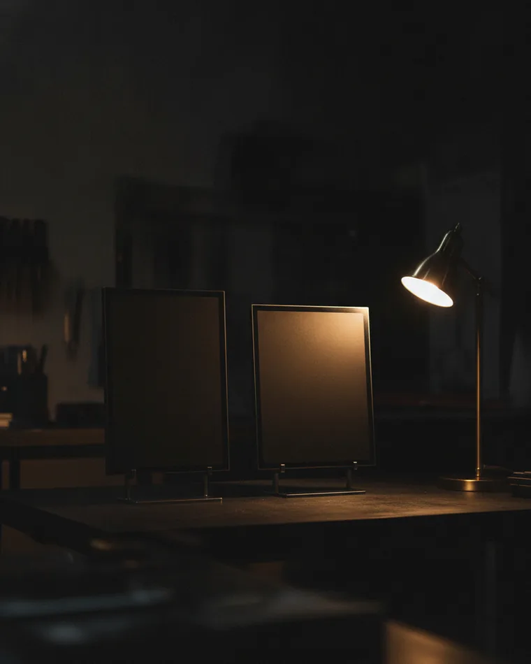 Two identical blank display frames of different sizes standing side by side on a dark bench.