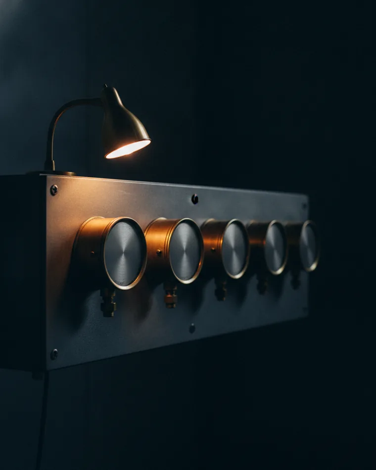 A row of analogue pressure gauges on a dark panel with unmarked dials, one lit by a lamp.