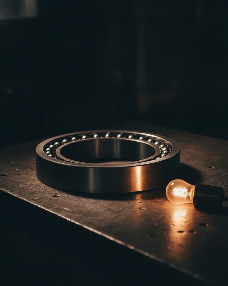A machined bearing race on a dark bench with steel balls seated evenly around it.