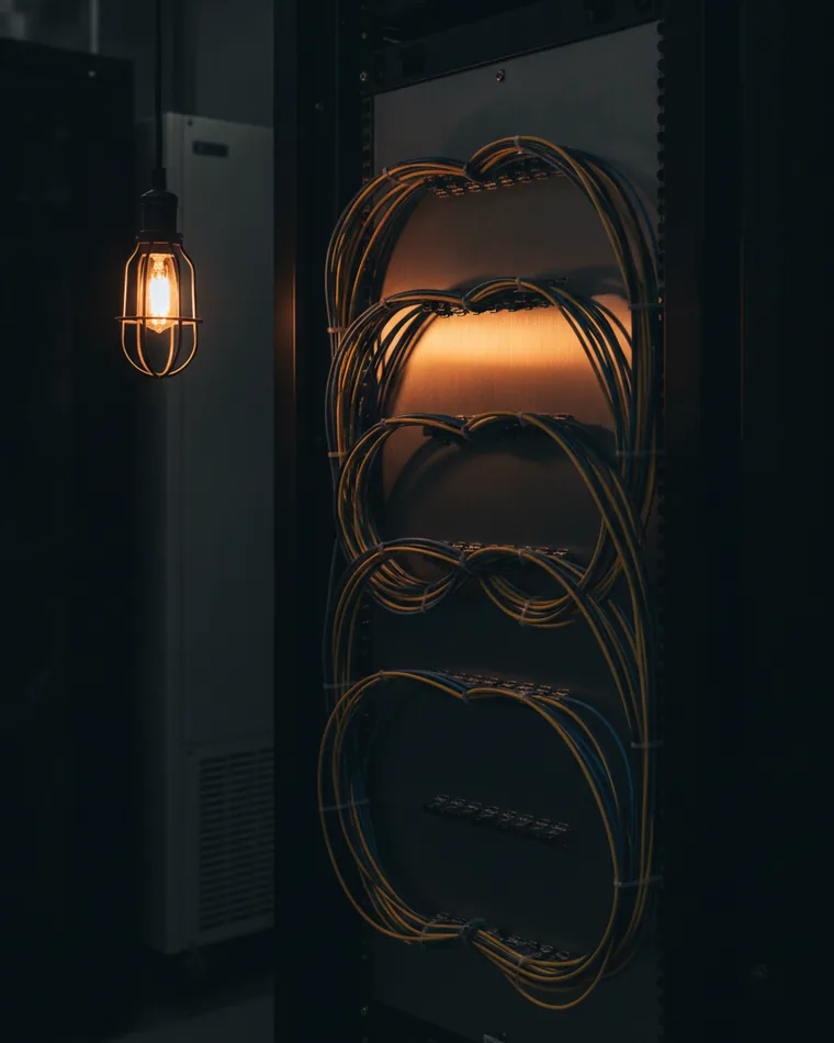 A fibre patch frame in a dark room with cables looped in even service arcs.