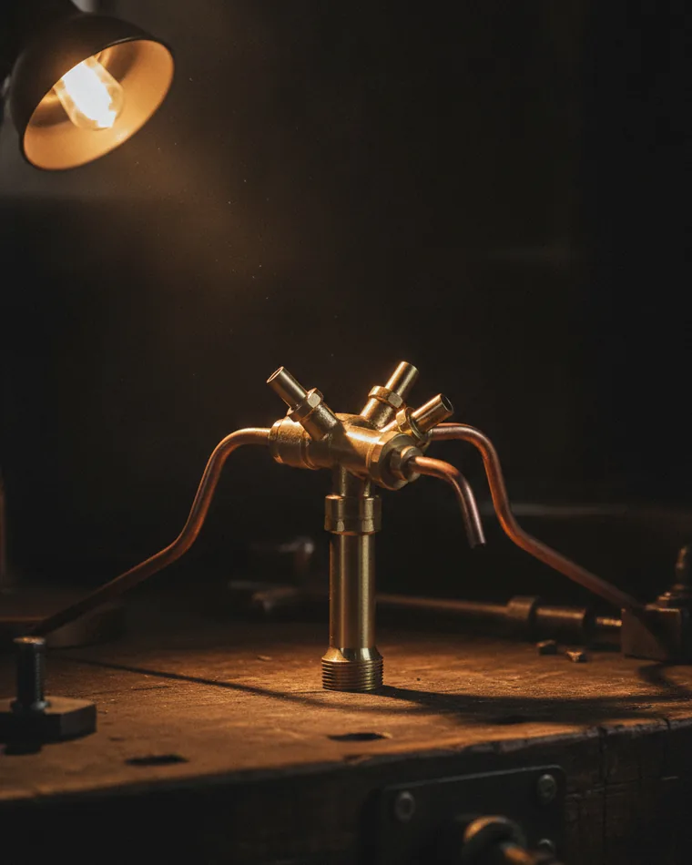 A brass manifold on a dark bench where several pipes converge into one outlet.