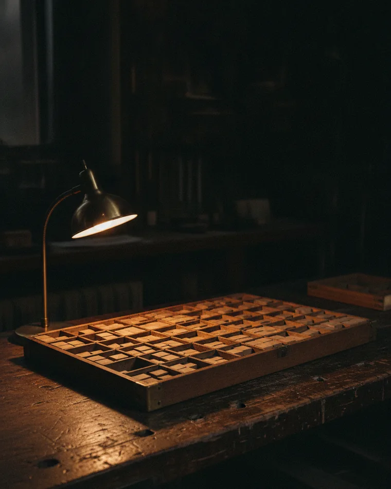 A printer's type case on a dark bench, its compartments holding sorted blank blocks.