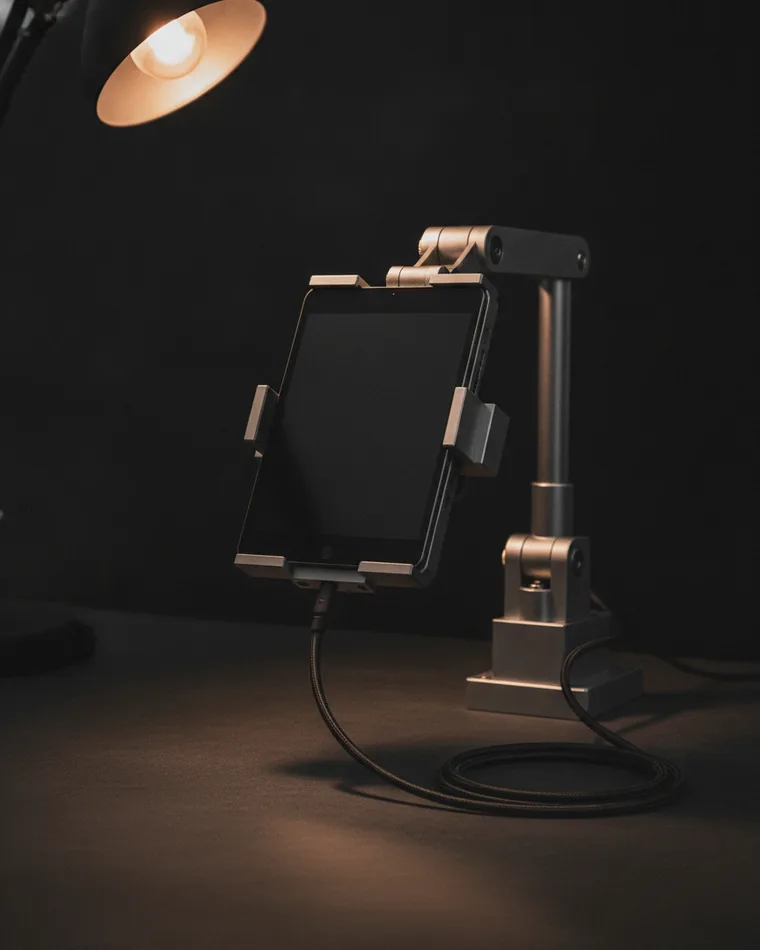 A blank handheld device clamped face-up in a bench mount on a dark surface with a cable trailing off.