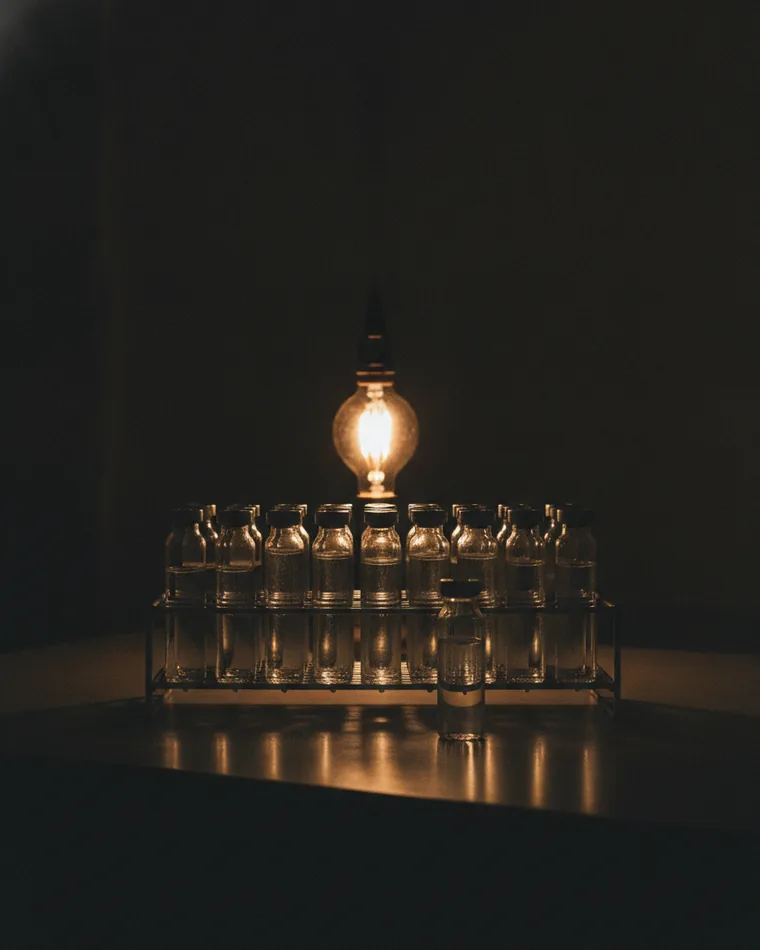 A laboratory rack of identical glass vials on a dark bench, one vial removed and standing apart.