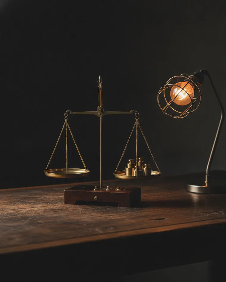 A brass balance scale on a dark bench with small weights stacked on one pan.