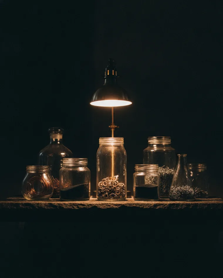A shelf of unlabelled glass jars of different shapes on a dark ledge, one lit from behind.