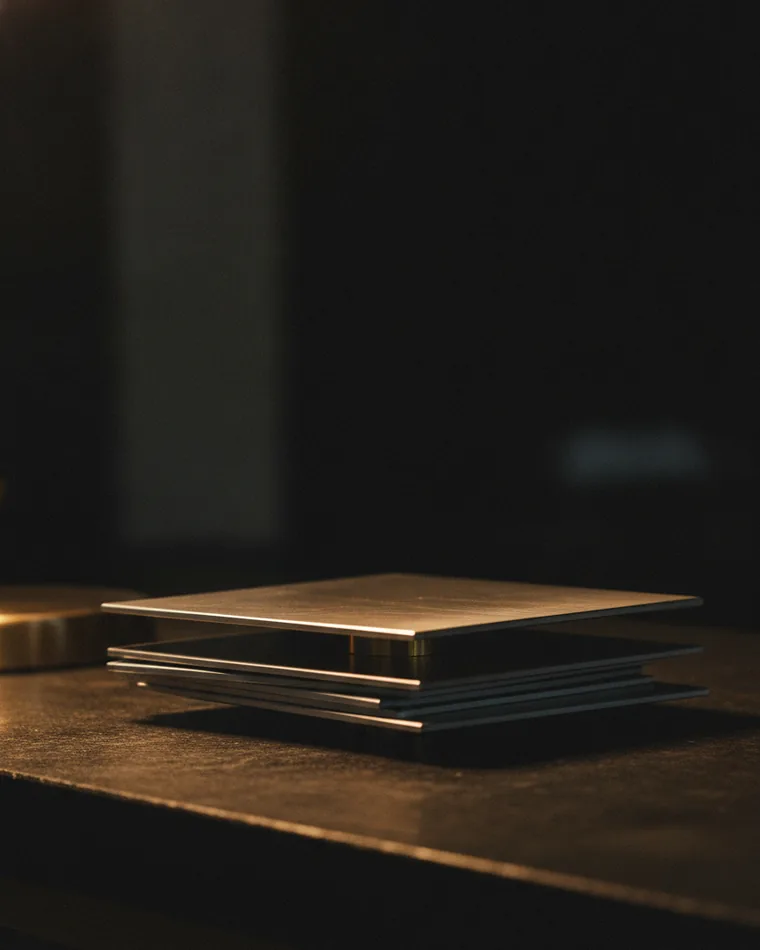 A stack of thin metal plates fanned on a dark bench with the top plate lifted on a spacer.