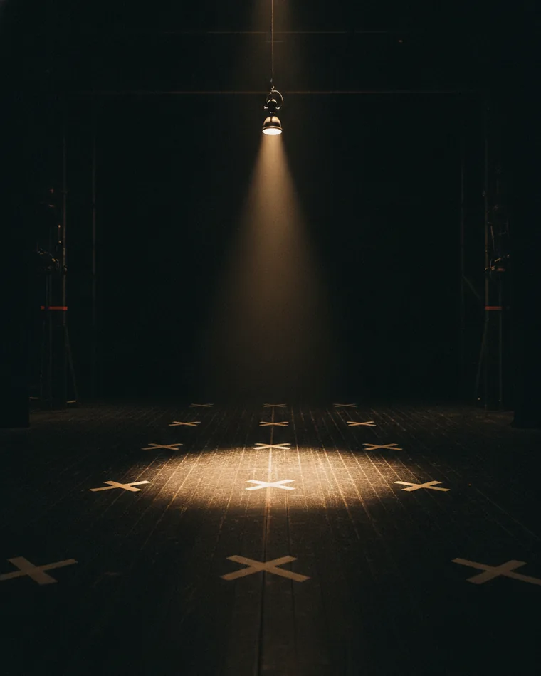 An empty dark stage floor marked with tape crosses, lit by one warm spotlight.