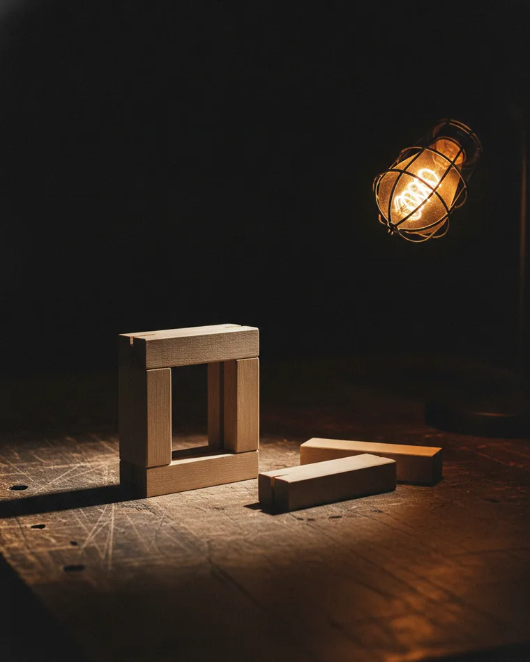 Plain wooden blocks on a dark bench, some assembled into a small frame and two set aside.