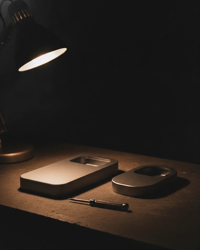 Two blank device shells of different sizes lying face down on a dark bench beside one screwdriver.