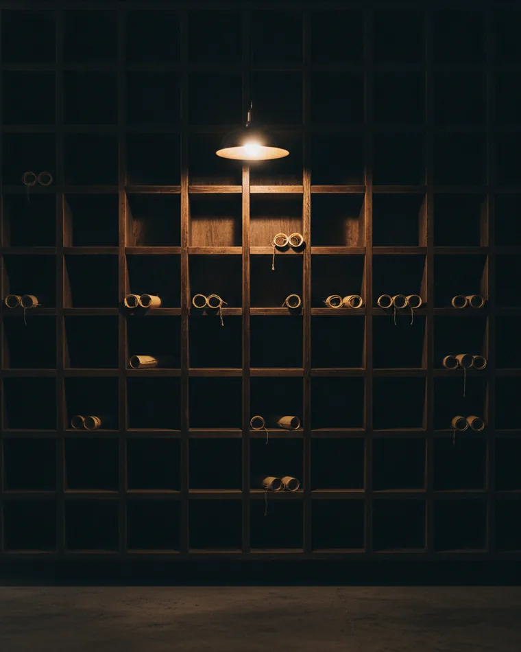 A wall of small wooden pigeonholes in a dark room, a few holding rolled paper and the rest empty.
