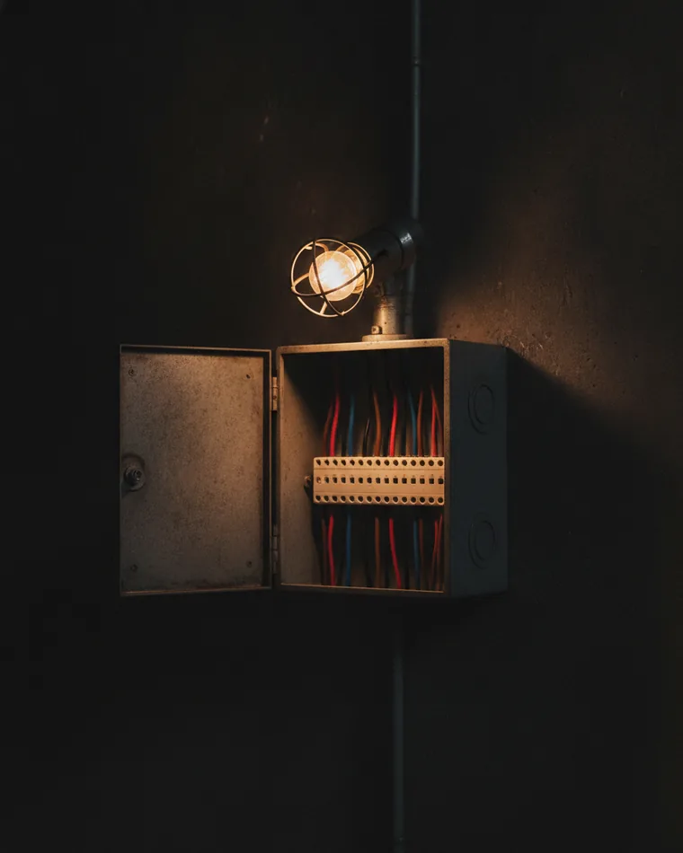 An opened grey junction box on a dark wall with terminals wired in orderly pairs.