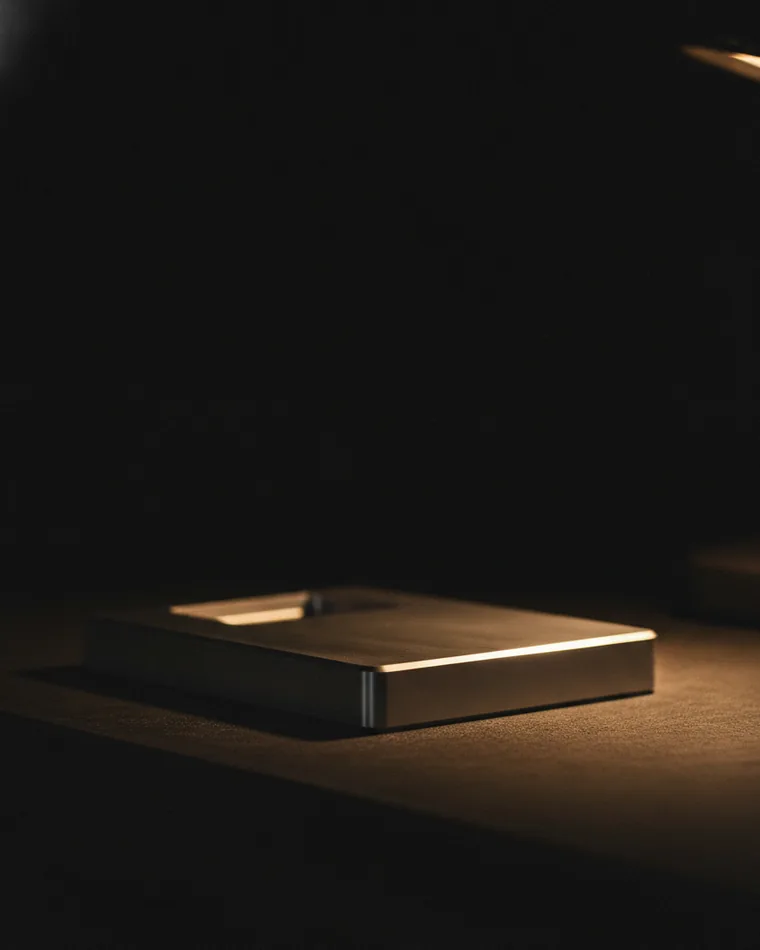 A milled aluminium device shell lying on a dark bench with its edges catching the lamp.