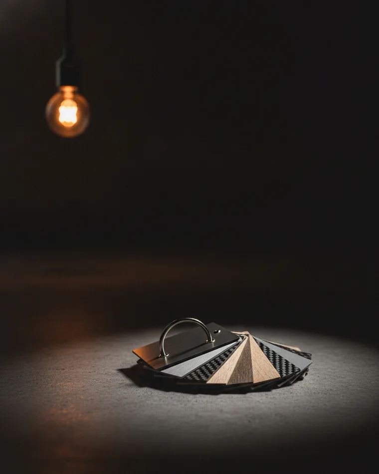 A fanned set of blank material swatch chips on a ring, resting on a dark surface.
