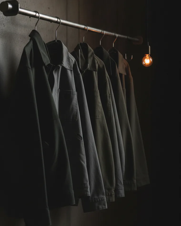 A row of work jackets on a rail in a dark studio, one hook left empty.