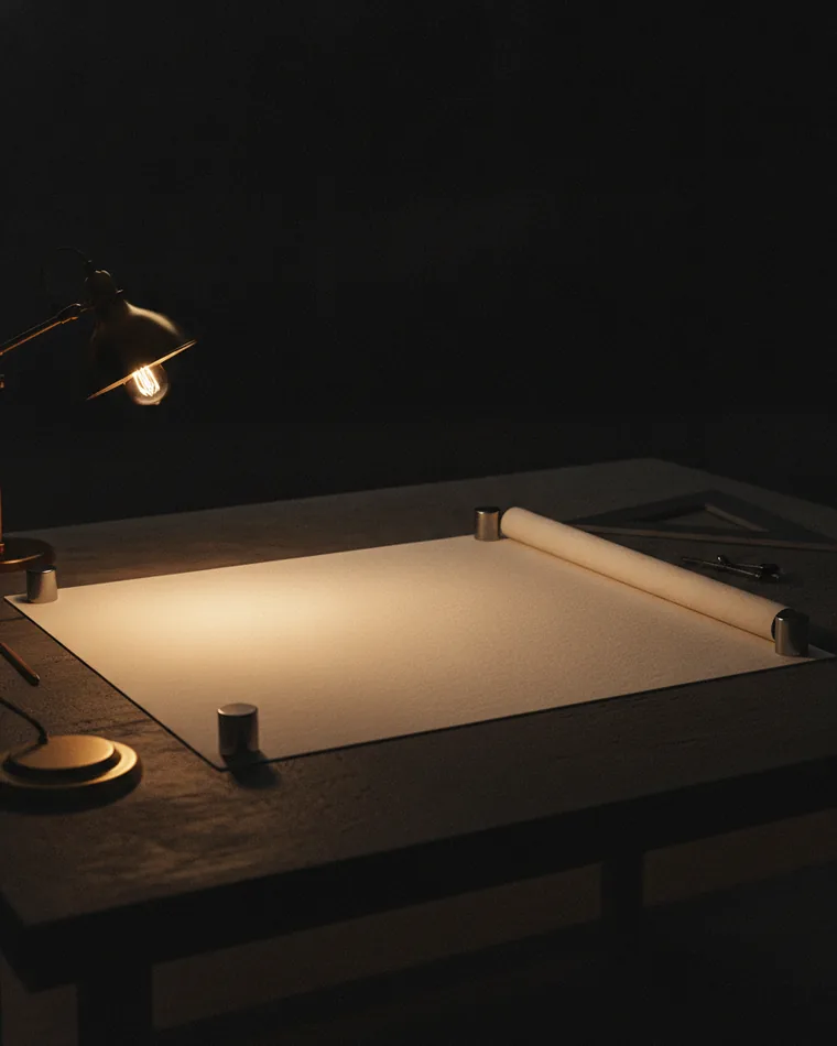 A rolled technical drawing unrolled flat on a dark table, weighted at the corners with steel blocks.