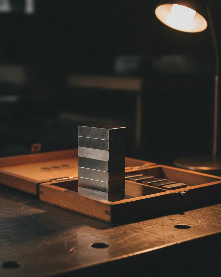 Precision gauge blocks wrung into a stack on a dark bench beside their fitted case.