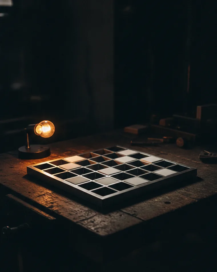 A metal composing grid on a dark bench with blank tiles positioned in some of its cells.