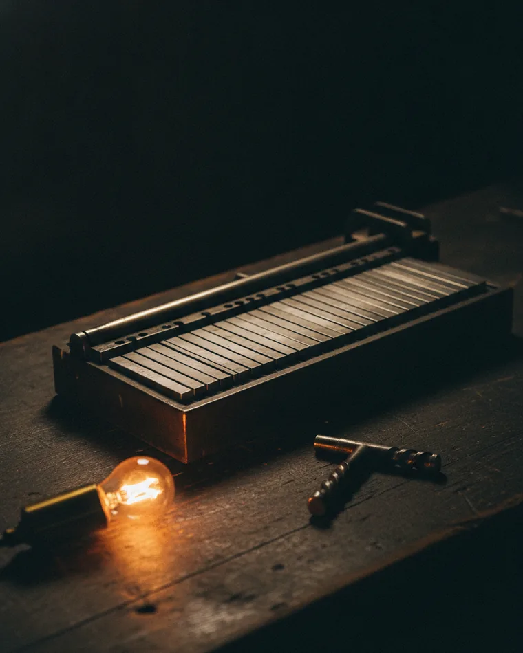 A printer's galley tray on a dark bench holding set blank slugs, with a quoin key beside it.