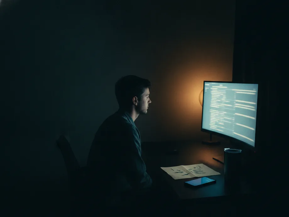 A marketer at a dark desk beside a monitor of soft activity rows, a phone and a printed list on the surface.