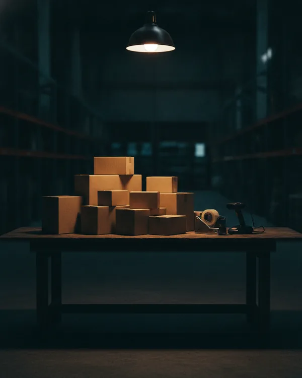 Plain cardboard parcels stacked on a packing bench under one lamp.