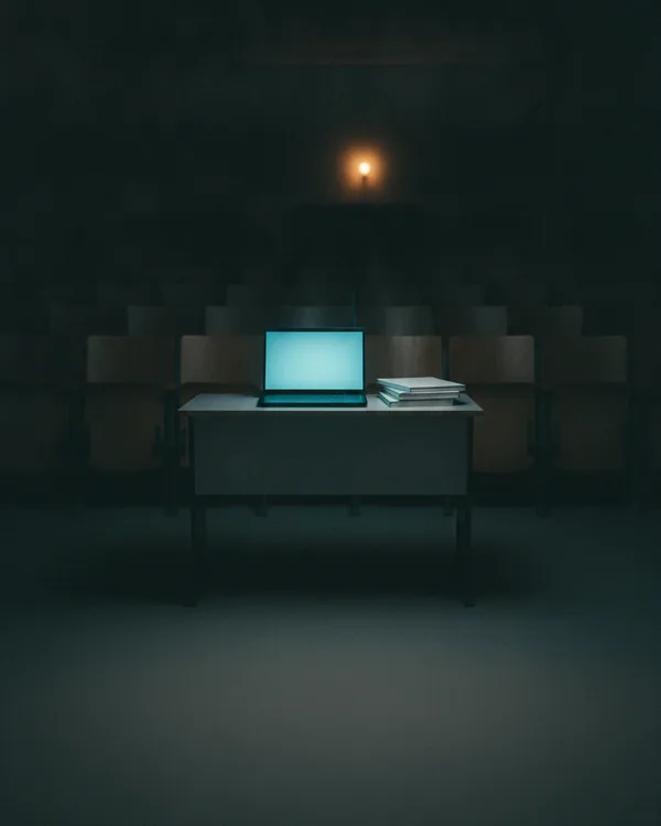An open laptop lighting a stack of notebooks in an empty lecture room.