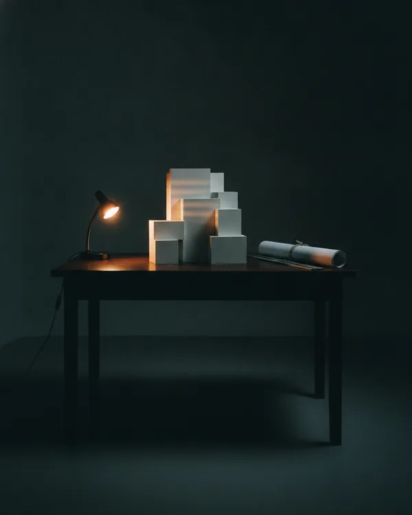 A pale architectural massing model on a dark table beside a rolled plan.